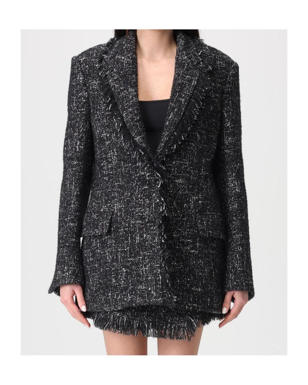 MSGM Black Fringed Tweed Blazer
