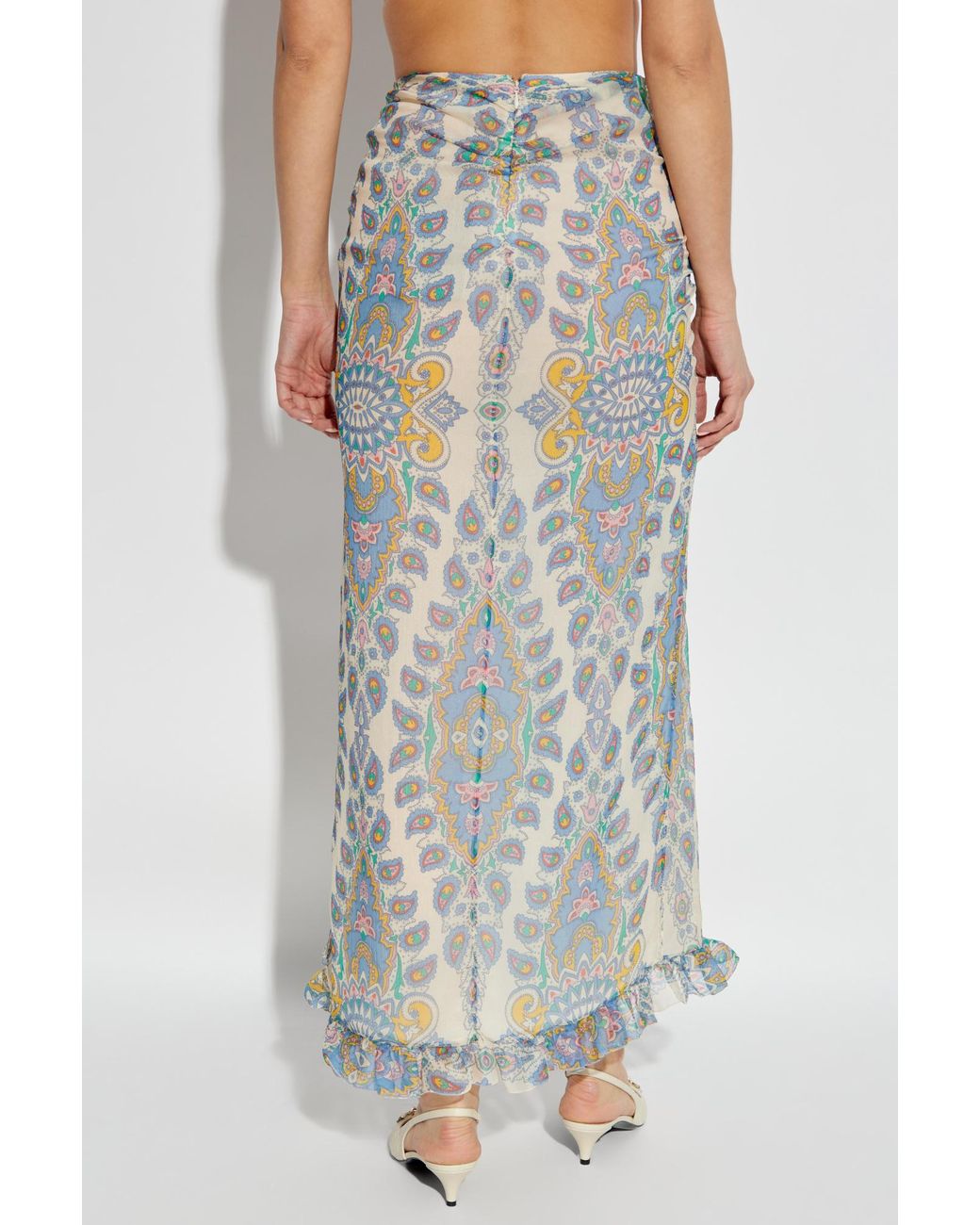 Etro Blue Ruffled Hem Printed Midi Skirt