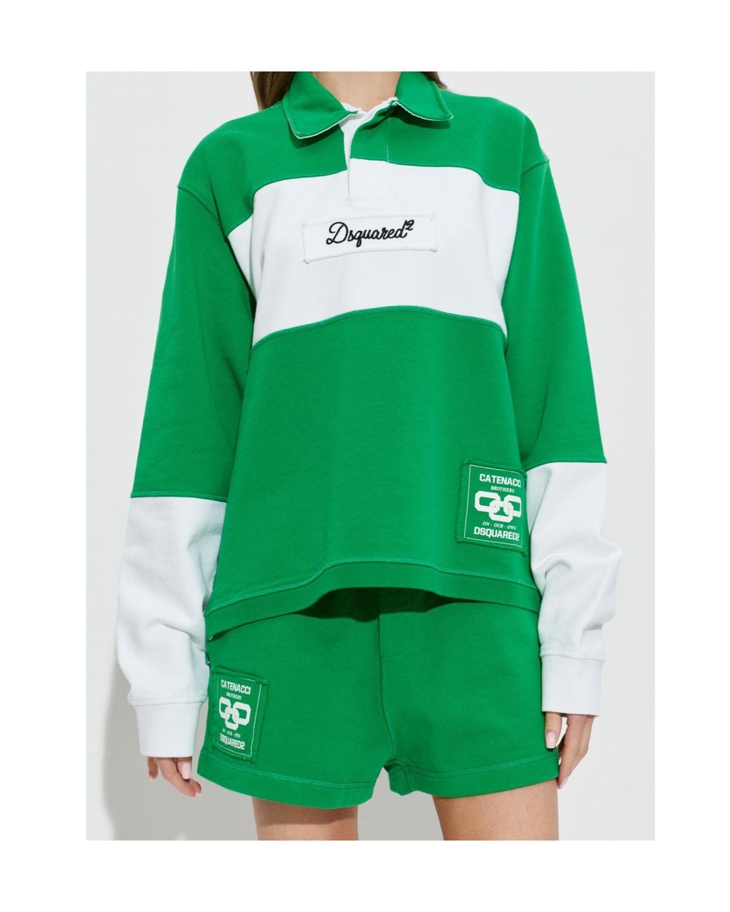 DSquared² Green Logo Embroidered Stripe Collared Sweatshirt