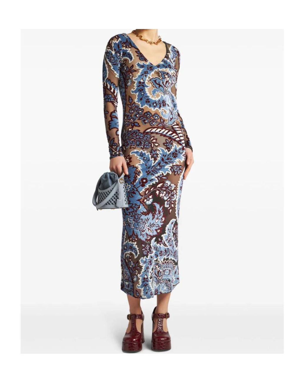 Etro Blue Jacquard Velvet Tulle Dress