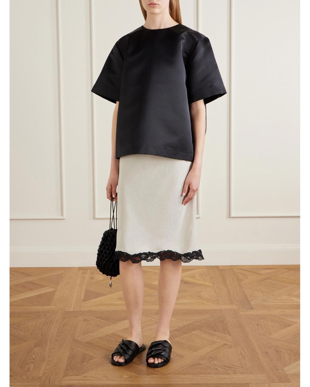 Maria McManus Gray Lace-Trimmed Satin Midi Skirt