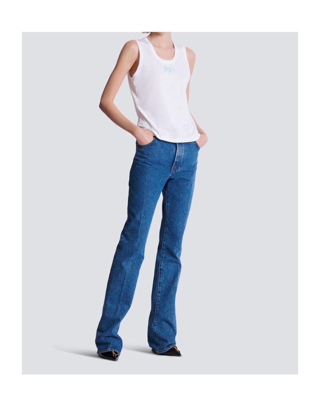 Balmain White Brushed Logo Printed Relaxed Tank Top