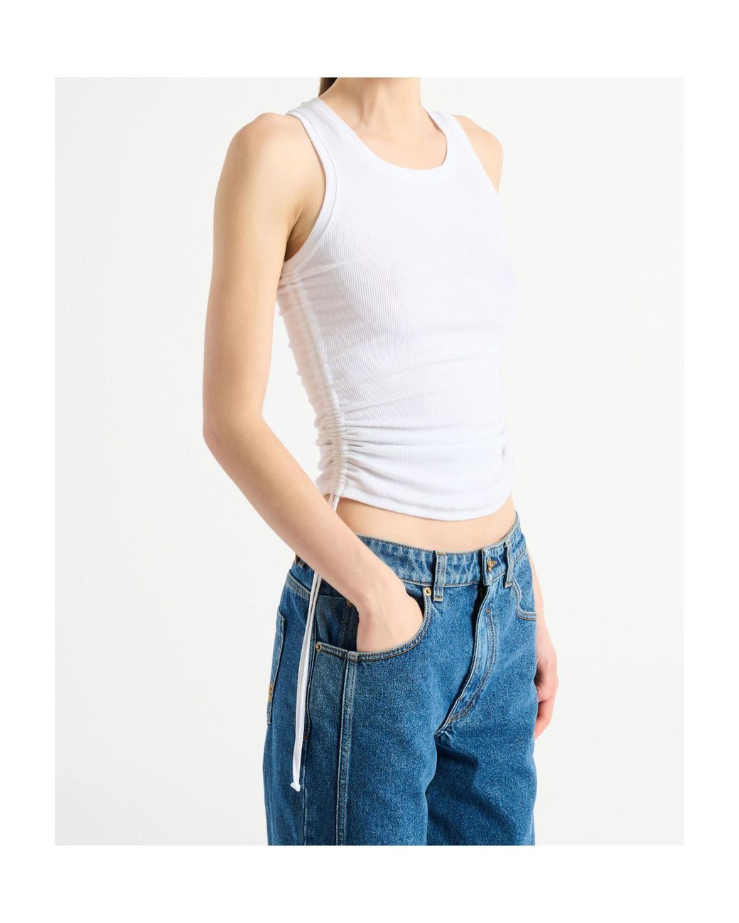 Balmain White Stretch-Cotton Drawstring Tank Top