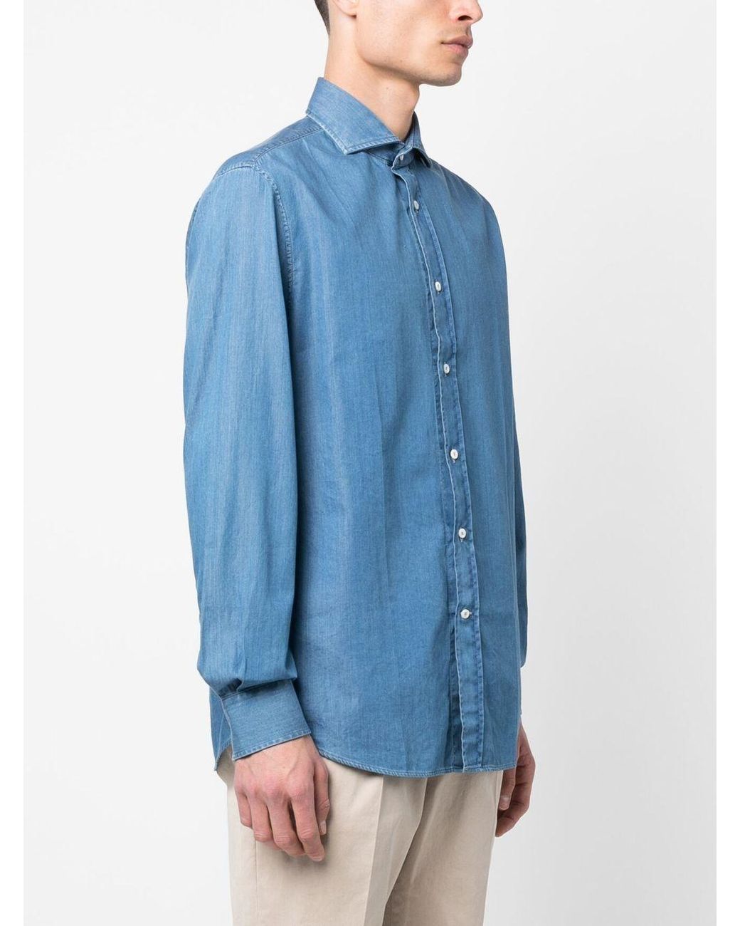 Brunello Cucinelli Blue Curved Hem Buttoned Denim Shirt for men