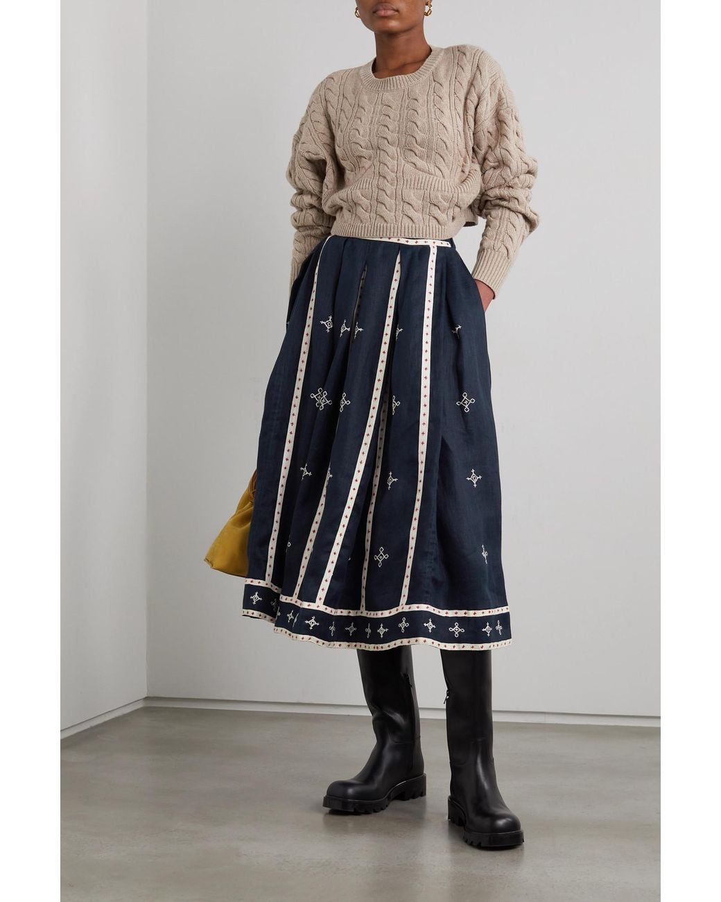 Vita Kin Blue Gera Embroidered Linen Midi Skirt