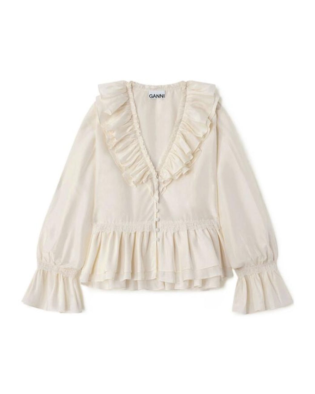 Ganni Natural V-Neck Ruffled Lace-Trim Blouse