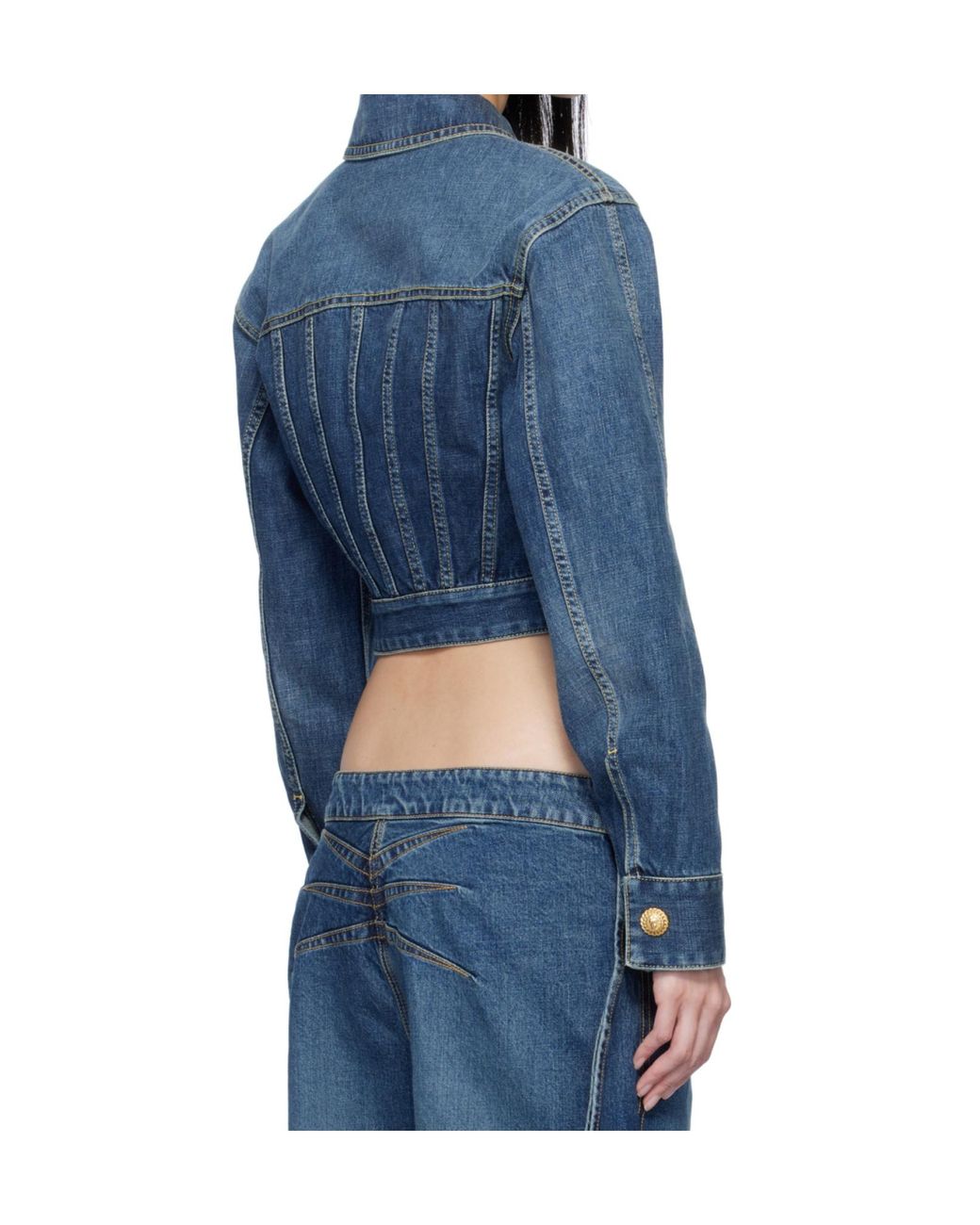 Balmain Blue Cropped Faded Denim Jacket