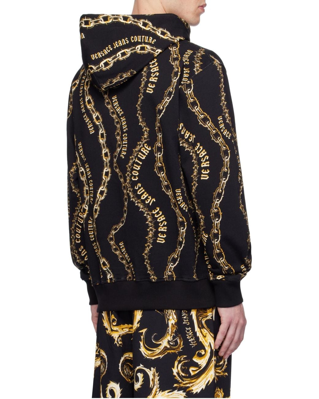 Versace Jeans Black Couture Chain-Link Printed Drawstring Hoodie for men