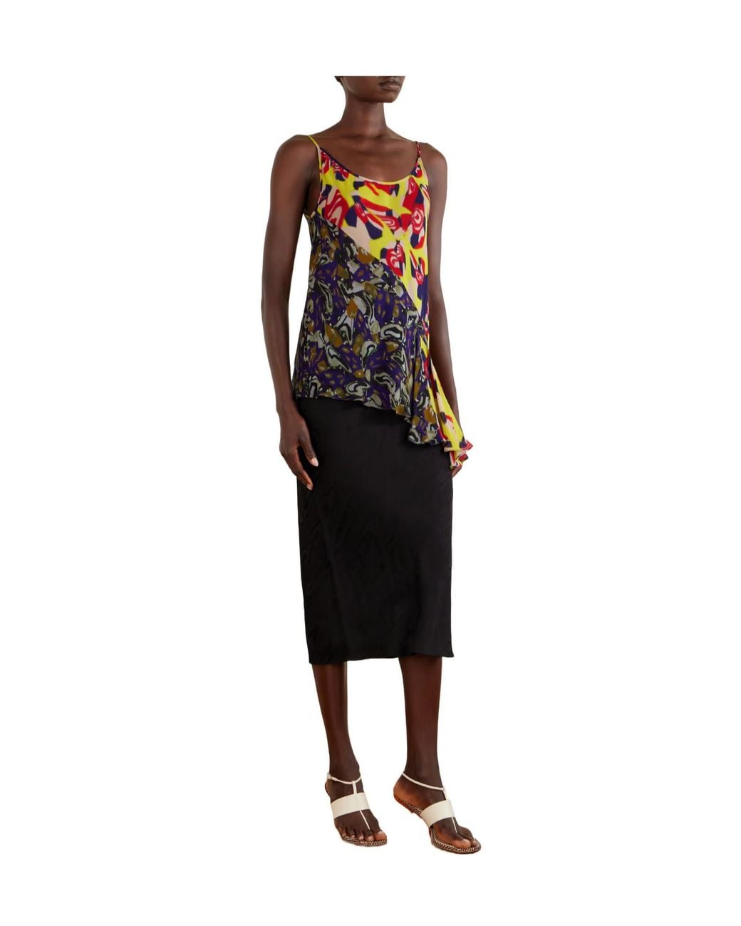 Dries Van Noten Red Ruffled Printed Asymmetric Georgette Camisole