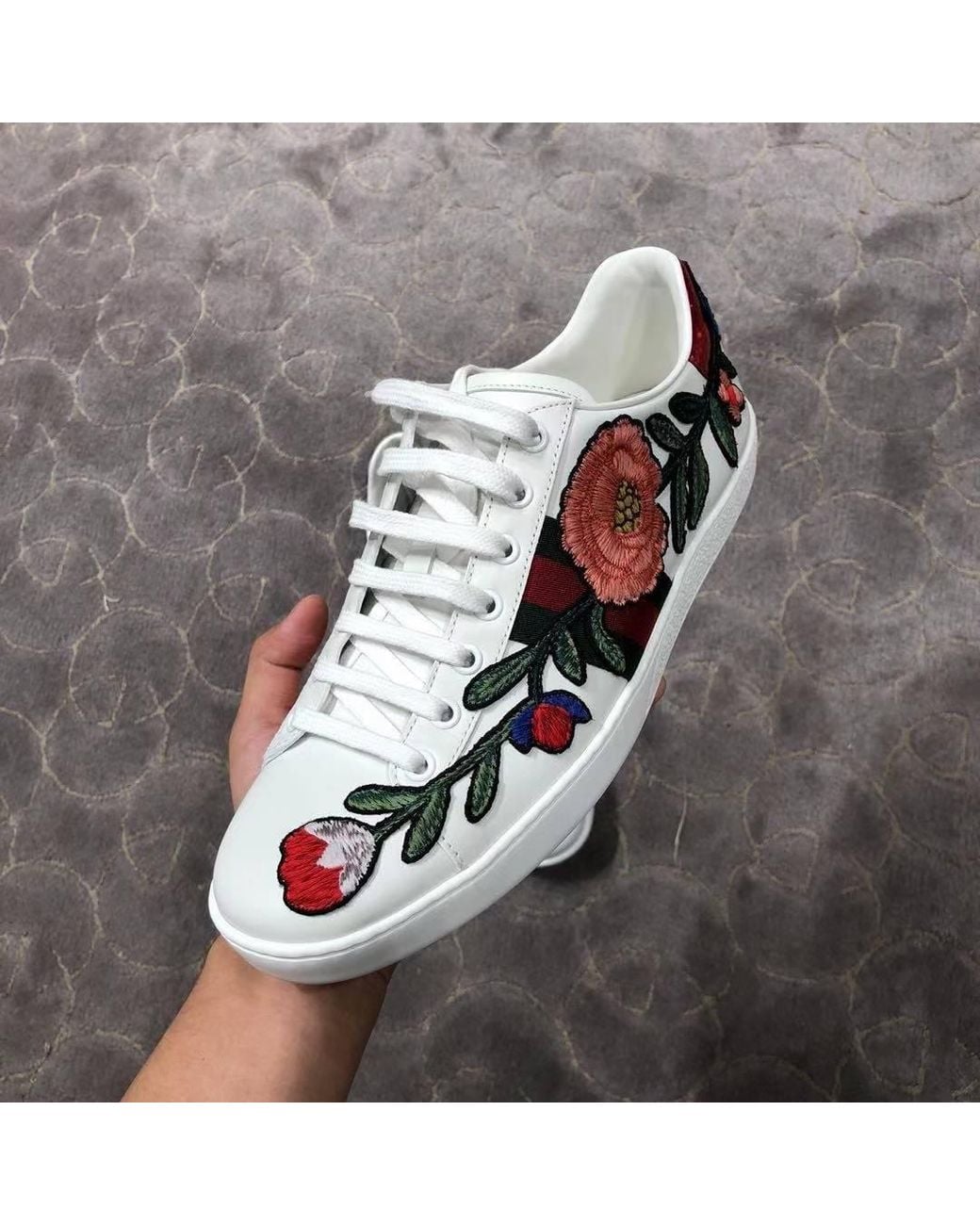 Gucci White Ace Flower Embroidery Casual Sneakers