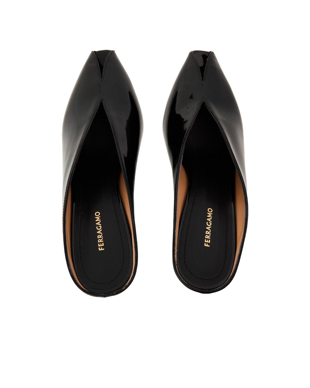 Ferragamo Black Glossy Patent Pointed Mule Slides