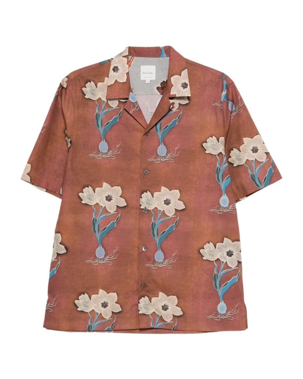 Paul Smith Brown Floral-Print Short-Sleeve Shirt for men