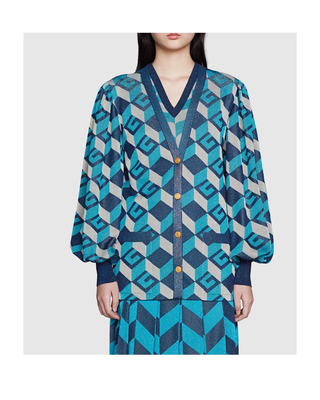 Gucci Blue Geometric G Lamé Jacquard Cardigan