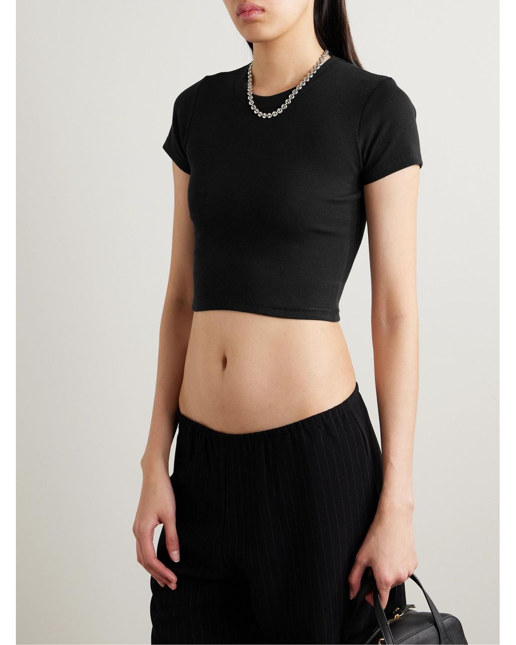 Leset Black Cropped Ribbed Stretch Jersey T-Shirt