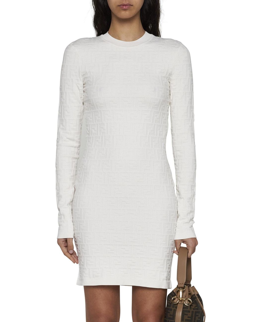 Fendi White All-Over Ff Embossed Crewneck Mini Dress