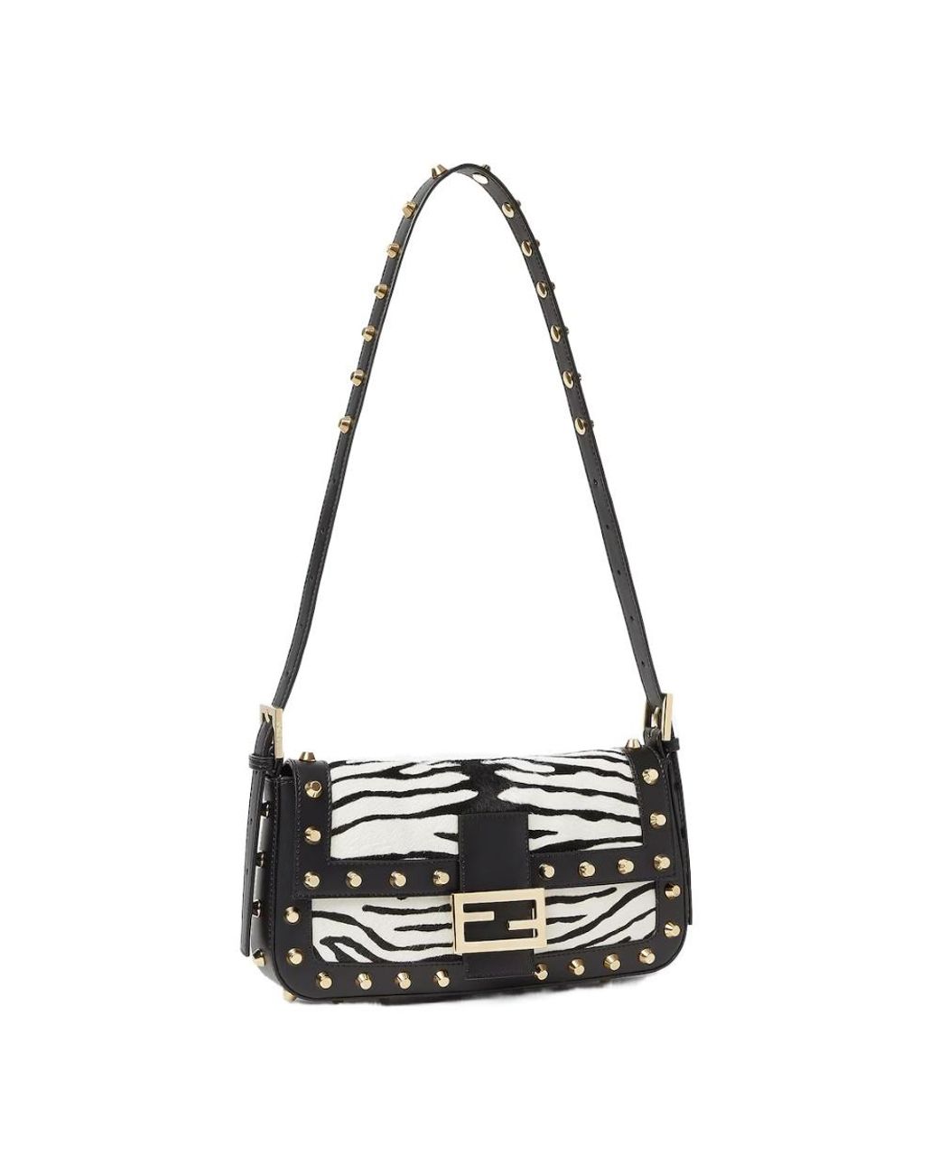 Fendi White Baguette 26424 Tiger-Stripe Print Pony-Effect Leather Bag With Studs