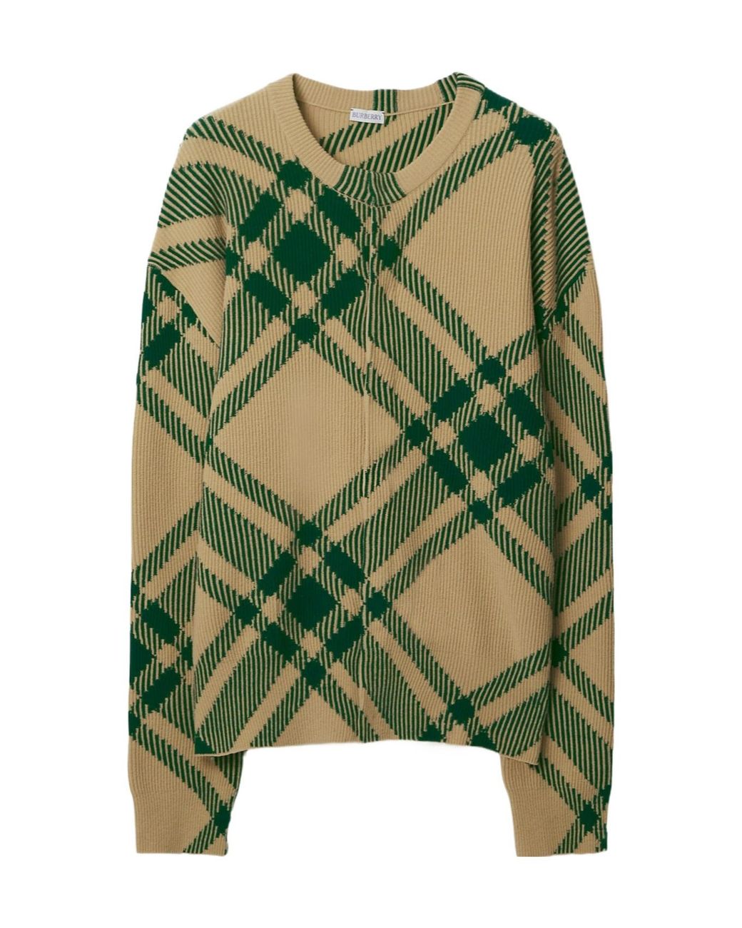 Burberry Green Checkered Intarsia Knit Crewneck Cardigan for men