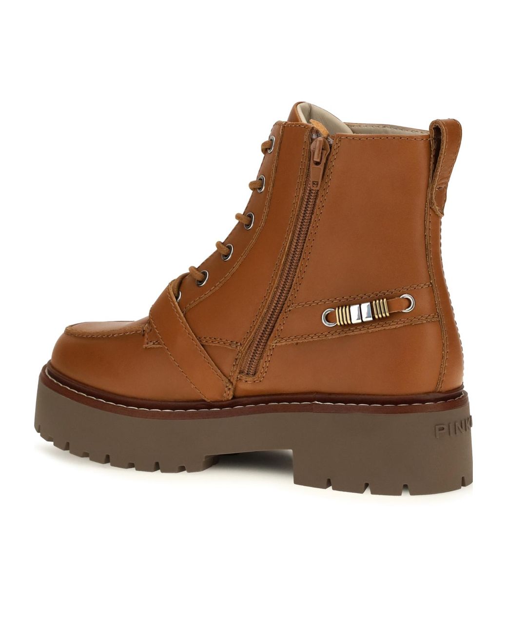 Pinko Brown Round Toe Buckle Detailed Boots