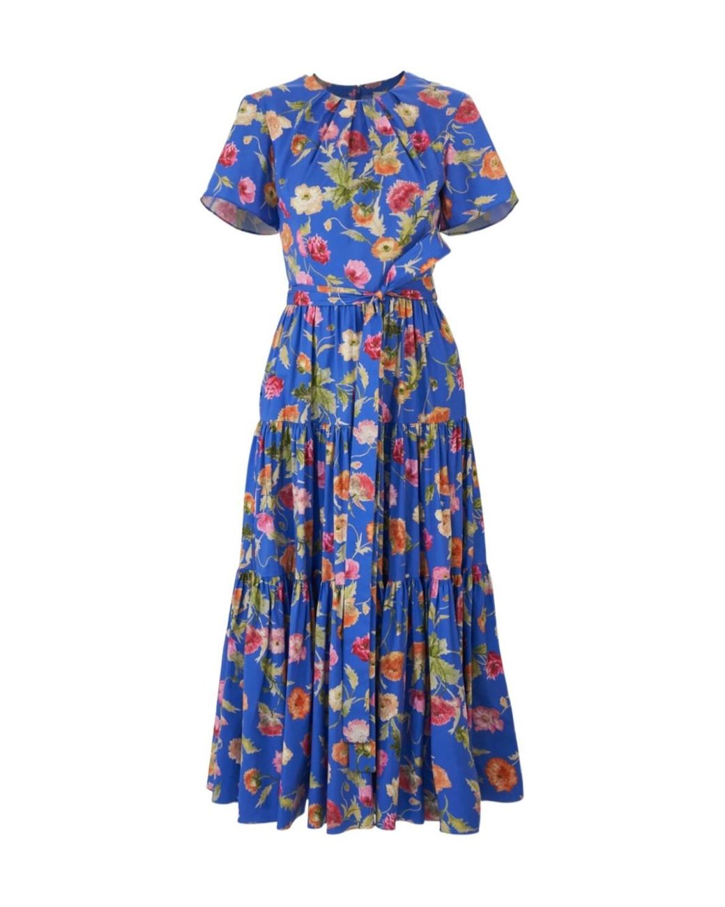 Carolina Herrera Blue Poppy-Print Tiered Midi Dress With Sash