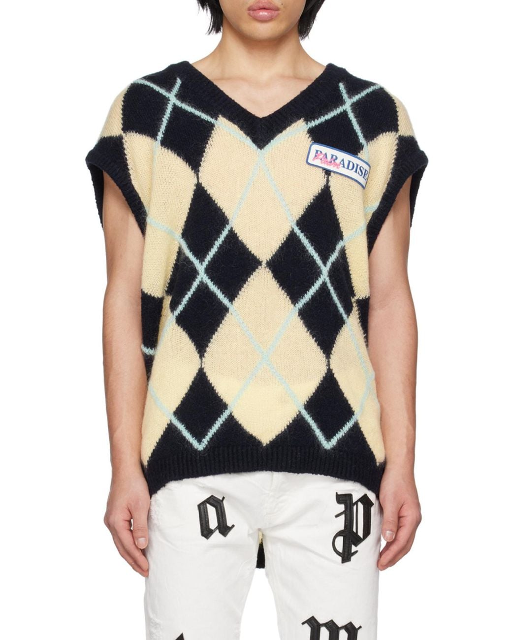 Palm Angels Blue Logo-Patch Argyle Knitted Vest for men