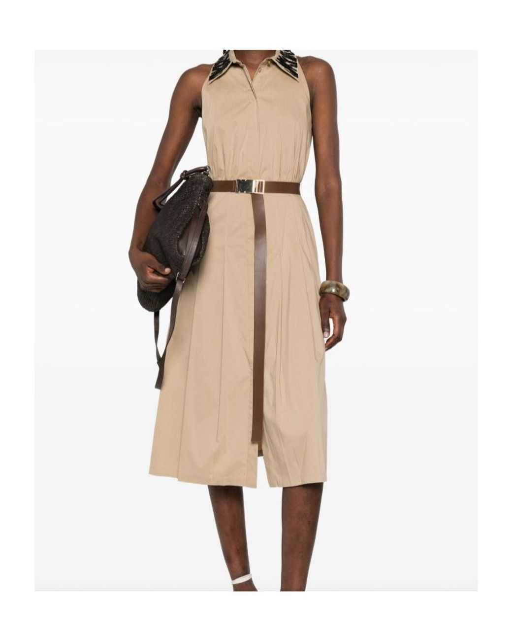 Max Mara Natural Beaded Collared Dress