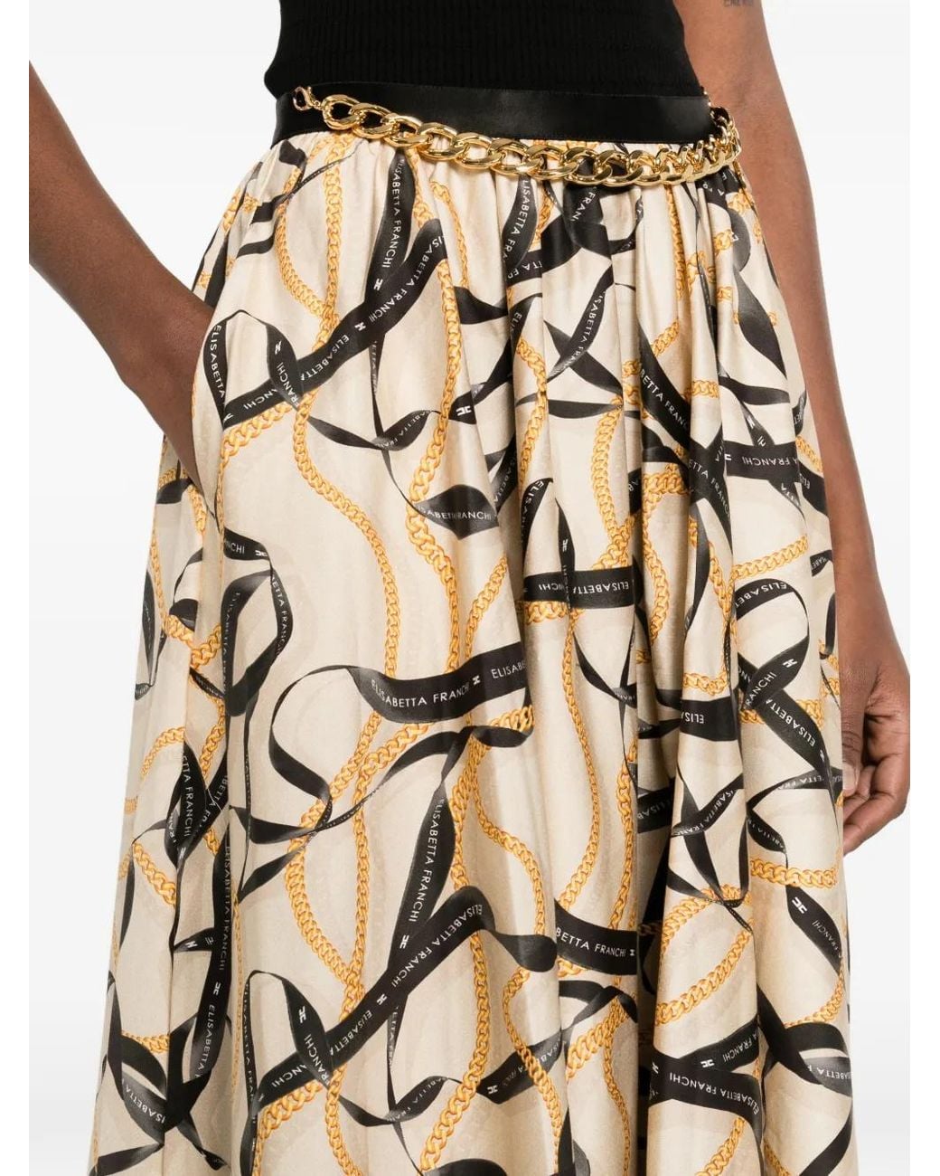 Elisabetta Franchi Natural Printed Skirt With Ribbon And Chain Detail