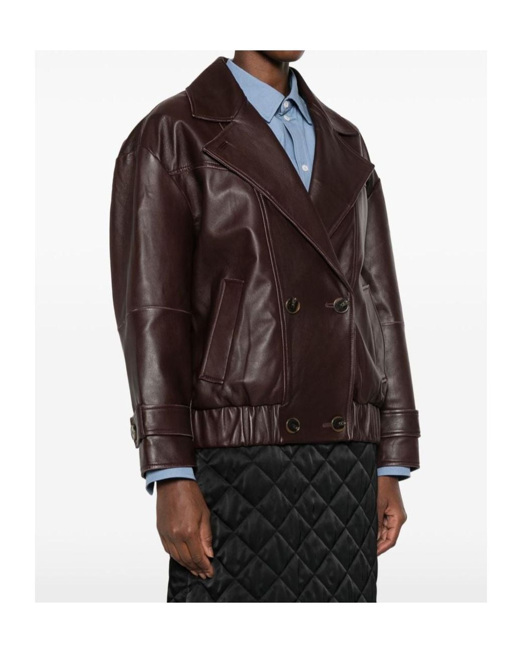 Marella Brown Long-Sleeve Leather Jacket With A Lapel Collar
