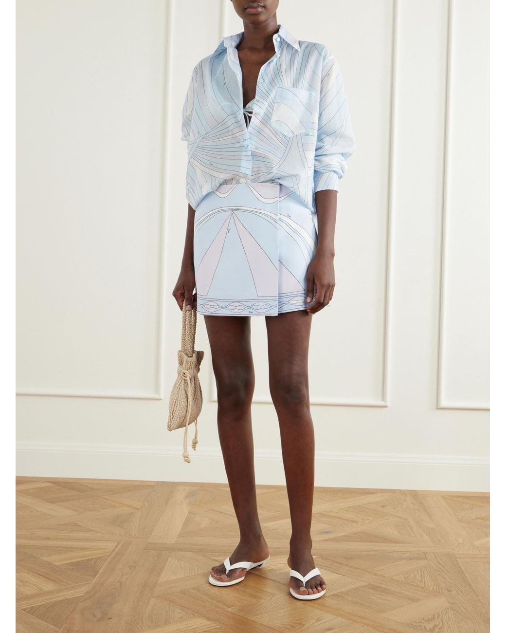 Emilio Pucci Blue Printed Silk-Twill Wrap Mini Skirt
