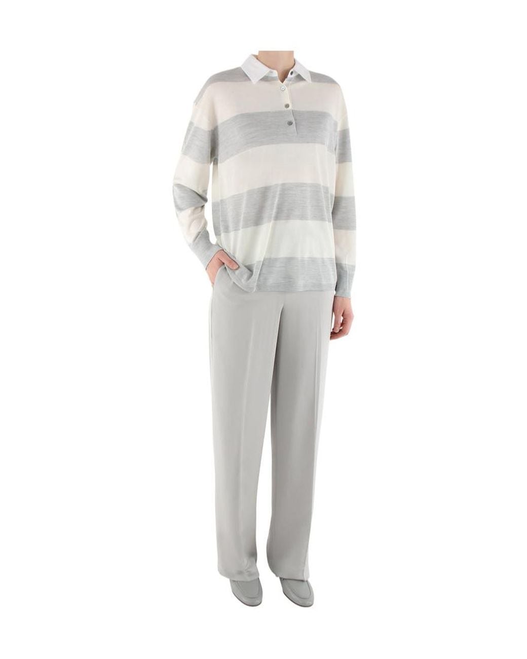 Theory White Long Sleeved Striped Polo Top