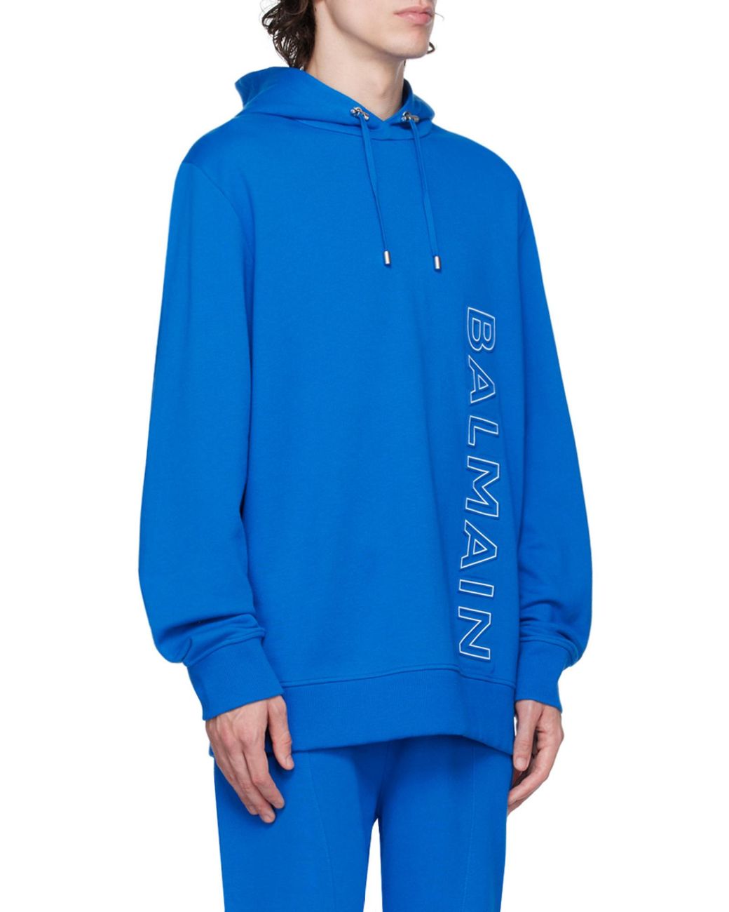 Balmain Blue Embossed Hooded Sweatshirt for men