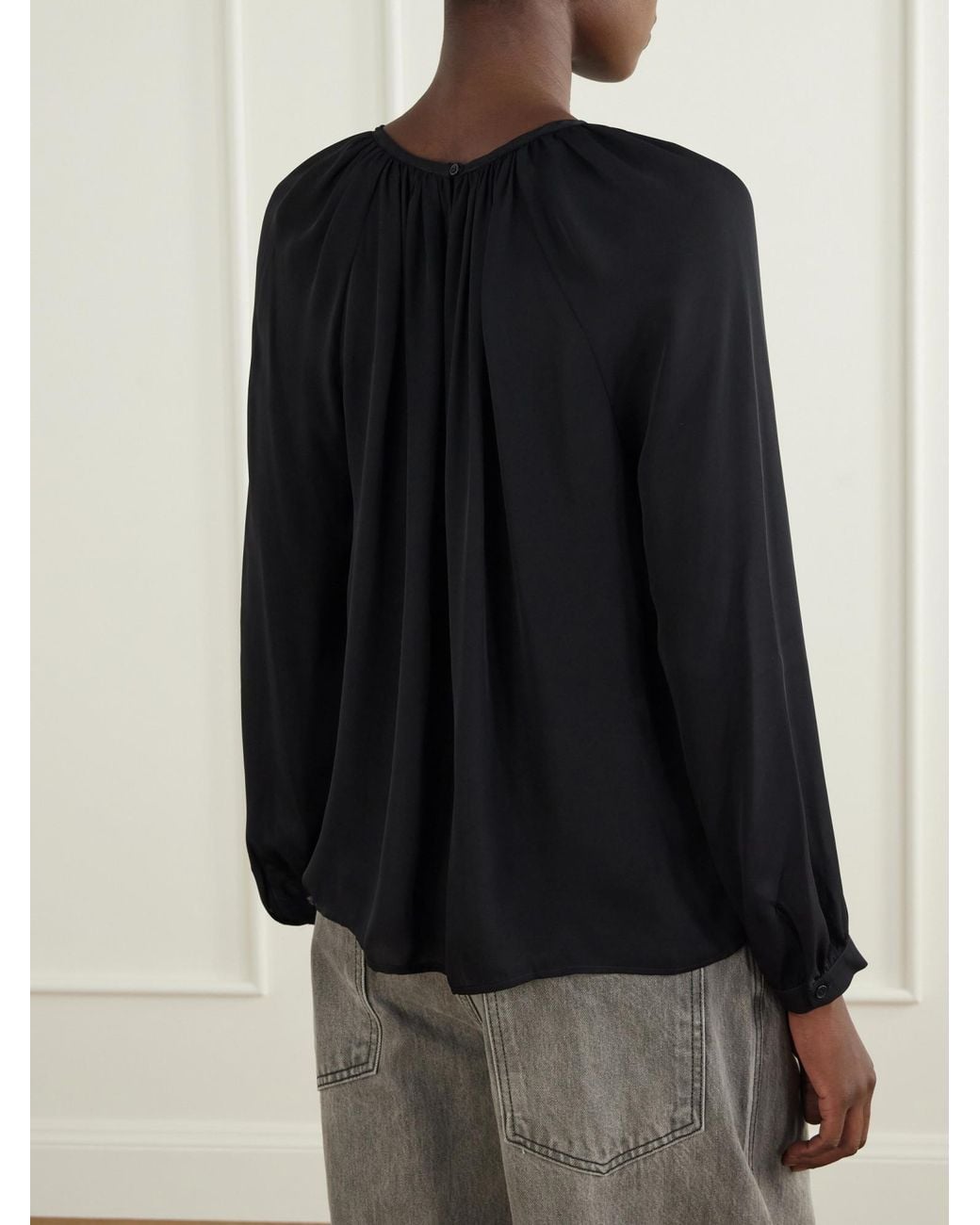 Nili Lotan Black Gathered Silk-Chiffon Blouse