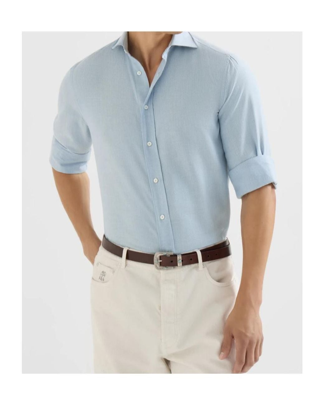 Brunello Cucinelli Blue Cotton And Cashmere Denim-Effect Diagonal Shirt With Spread Collar for men