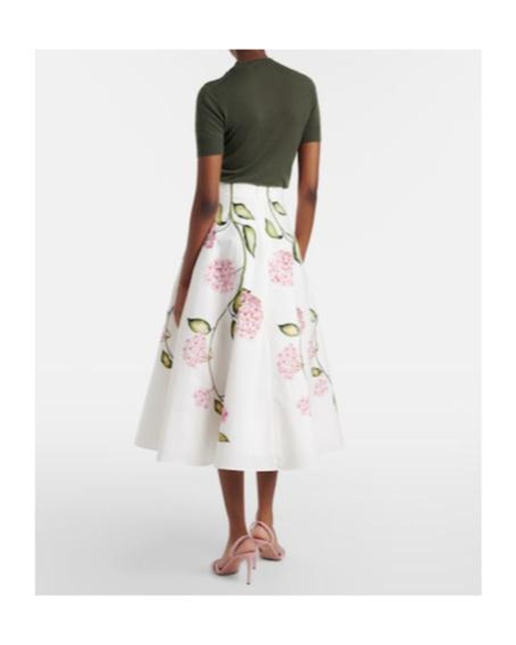 Oscar de la Renta White Floral Cotton-Blend Poplin Midi Skirt
