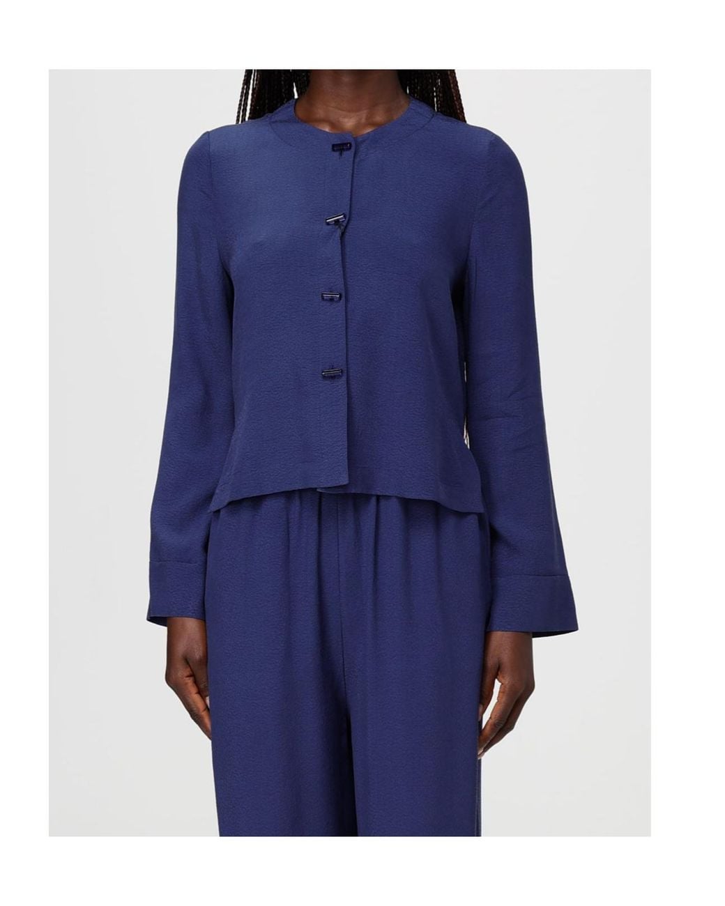 Emporio Armani Blue Stand Collar Buttoned Top