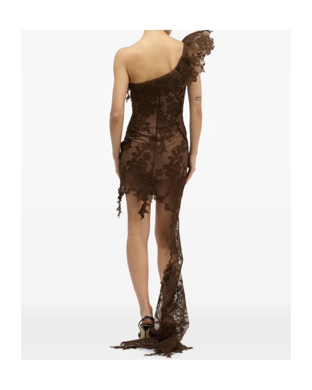 GIUSEPPE DI MORABITO Brown Asymmetric Floral-Lace Mini Dress