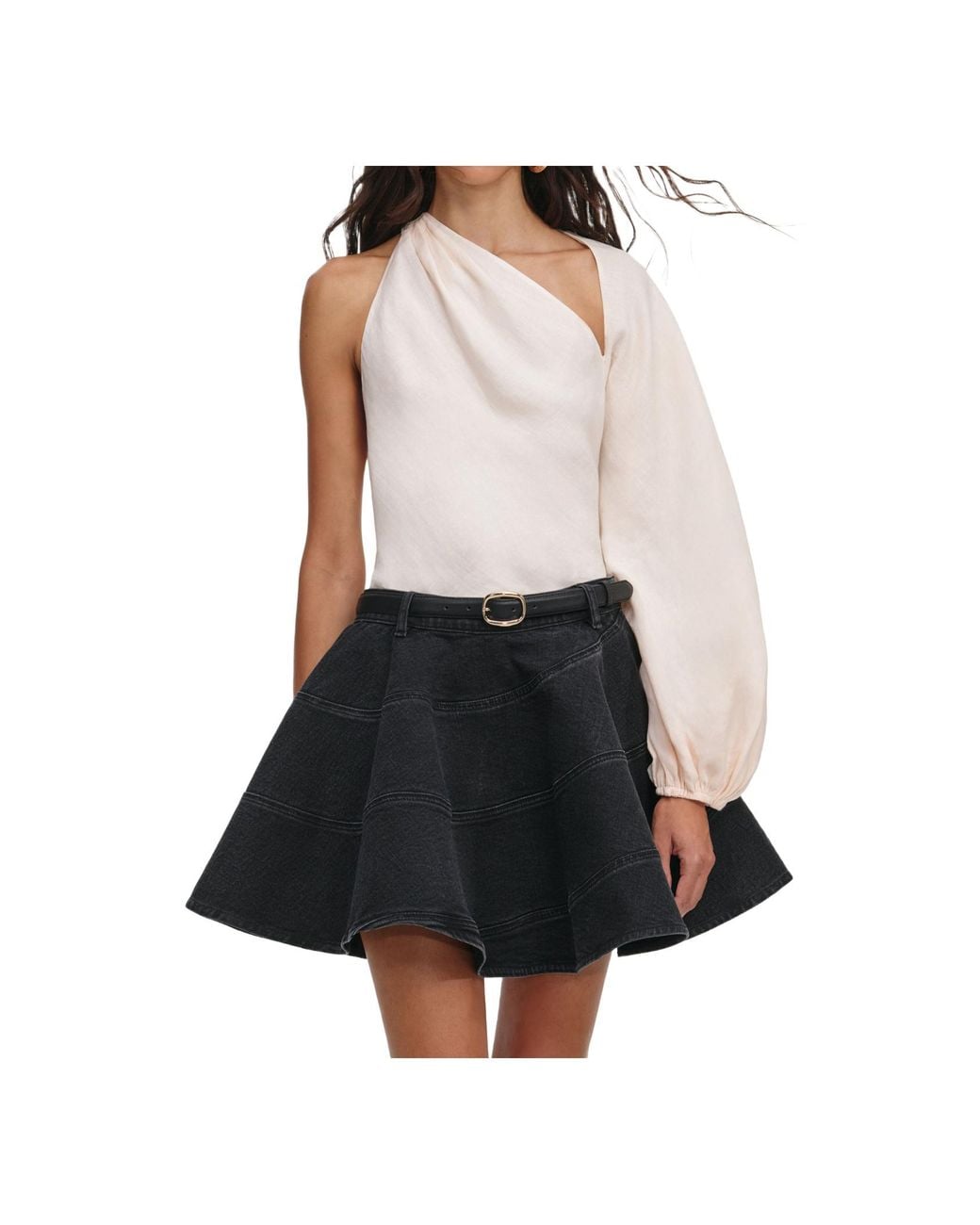 Self-Portrait Black Asymmetric Neck Draped-Sleeve Top