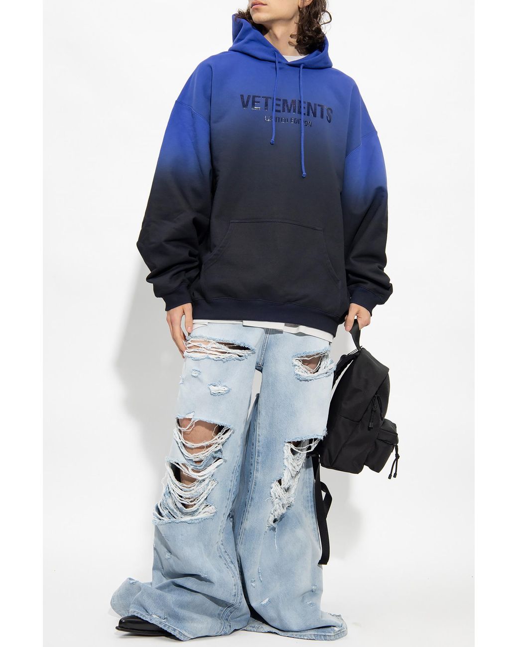 Vetements Blue Logo-Print Faded-Effect Hoodie for men