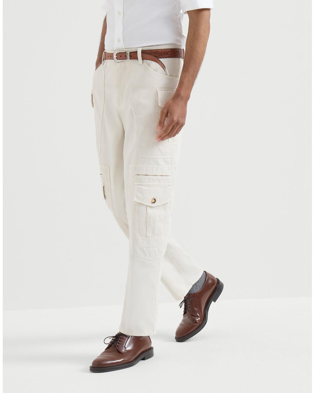 Brunello Cucinelli White Peached Cotton Gabardine Explorer Trousers for men