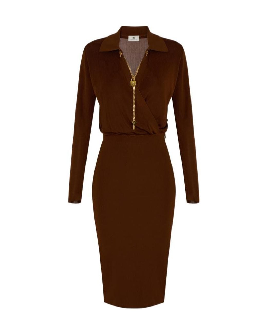 Elisabetta Franchi Brown Draped V-Neck Midi Dress