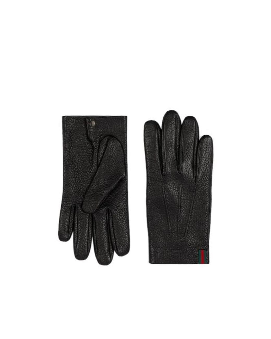 Gucci Black Grainy Leather Gloves With Web for men