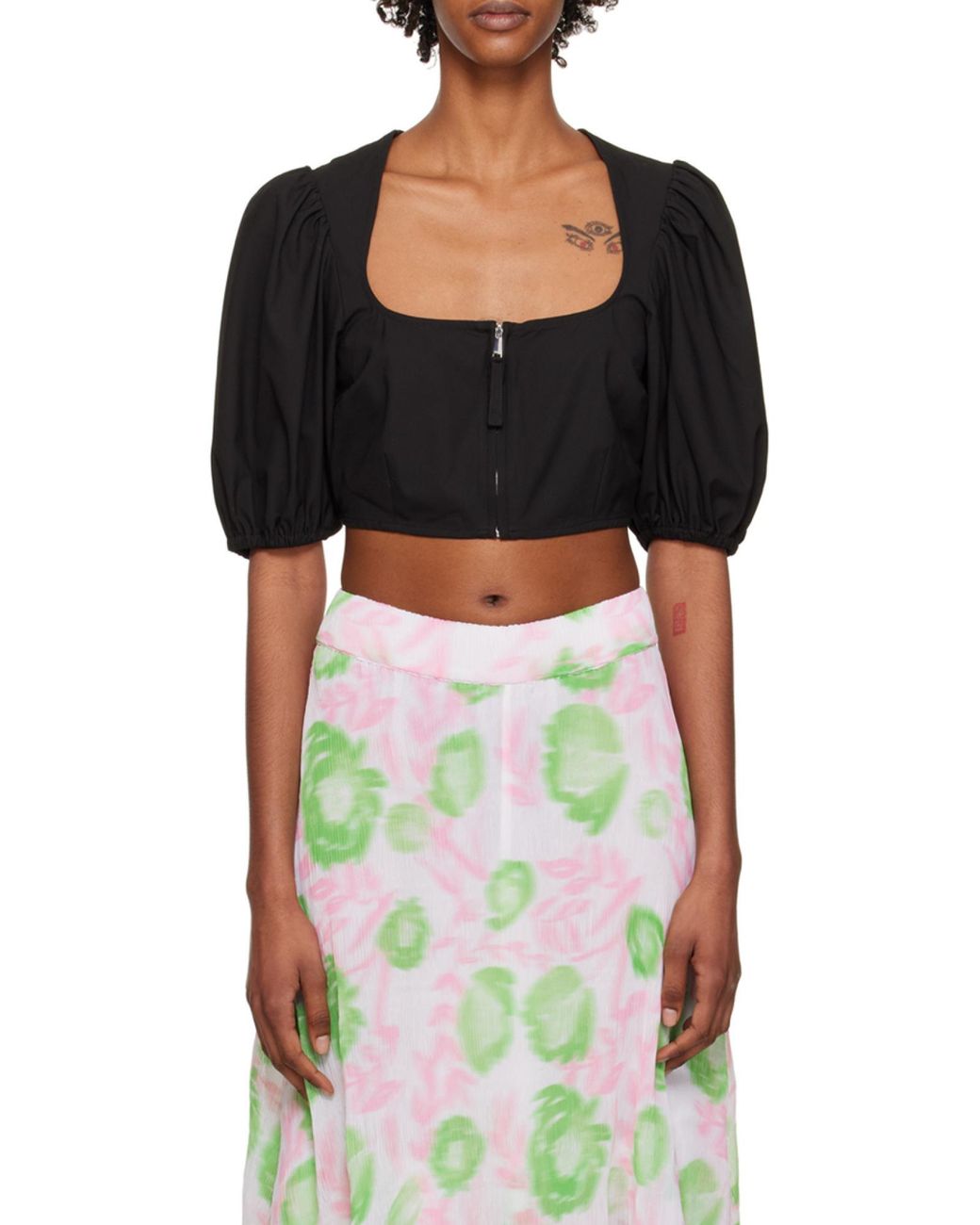 Ganni Black Puff Sleeved Cropped Top
