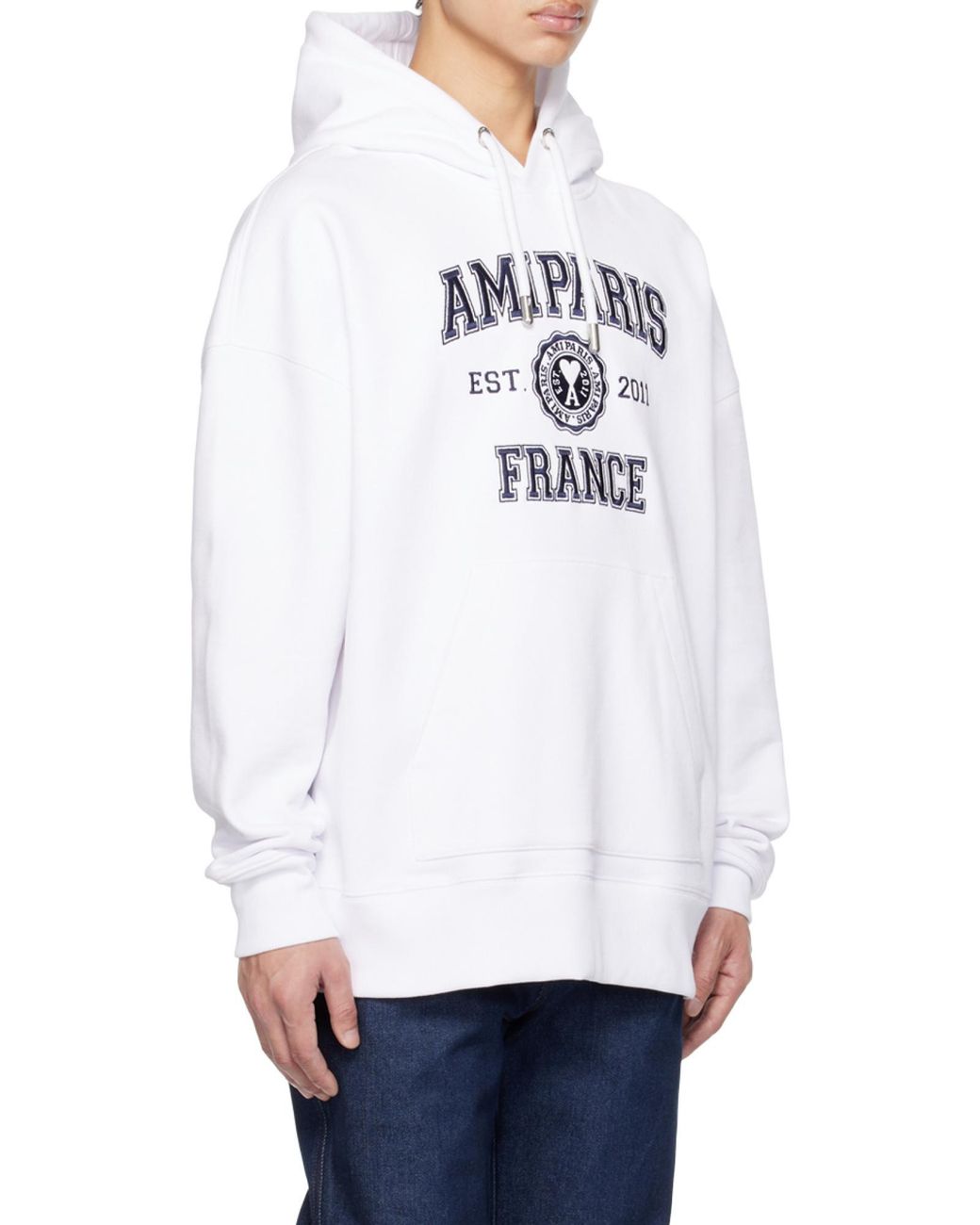AMI White Logo-Printed Long-Sleeved Drawstring Hoodie for men