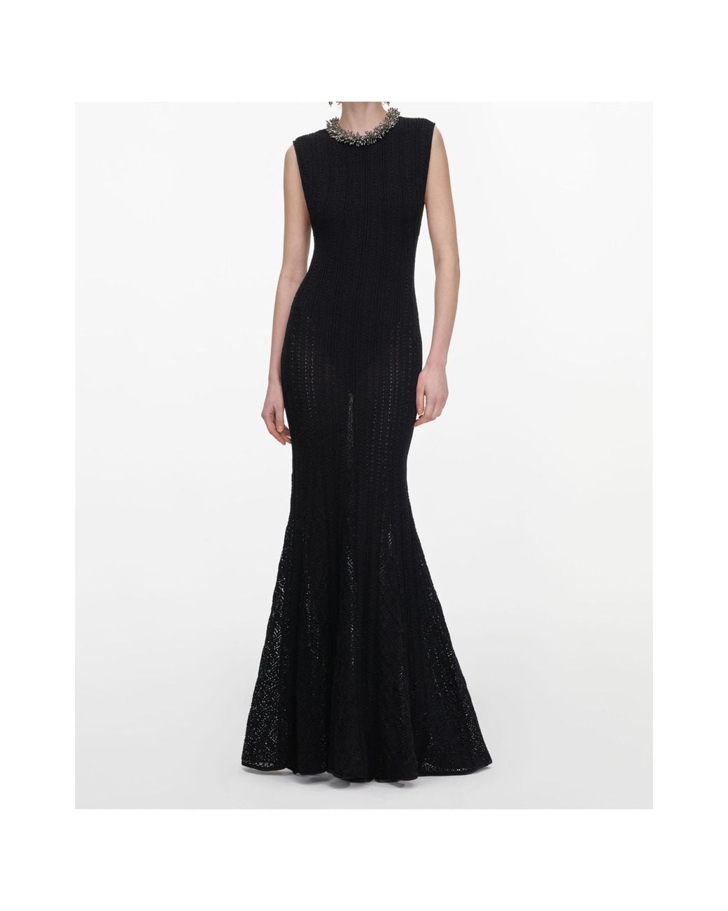 Self-Portrait Black Beaded Openwork Knit Maxi Skirt