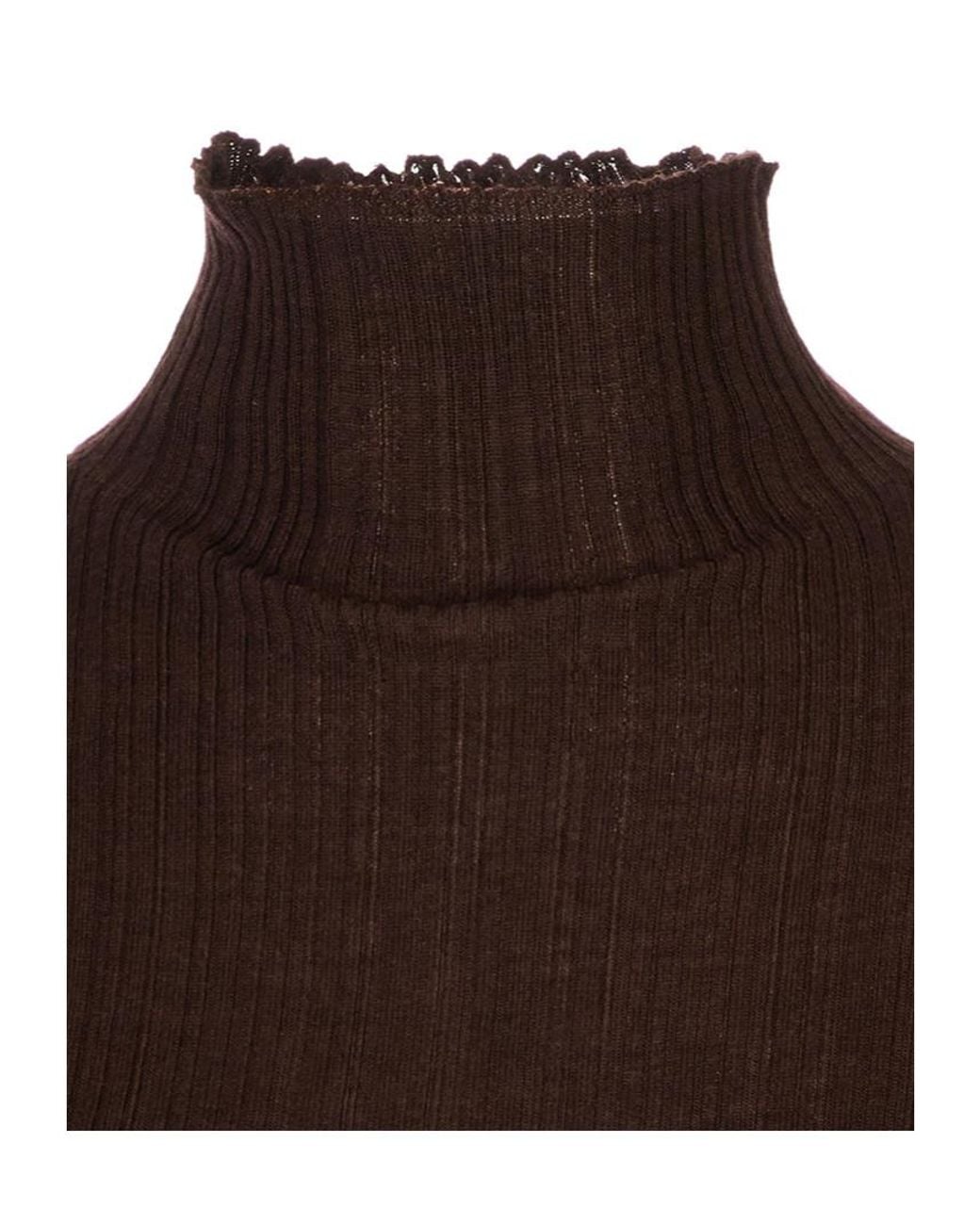 Agnona Brown Ribbed-Knit Scalloped-Edge Sweater