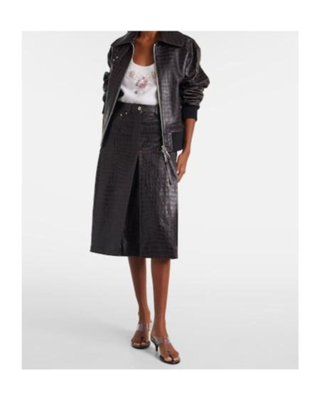 Rabanne Black Pleated Croc-Effect Leather Midi Skirt