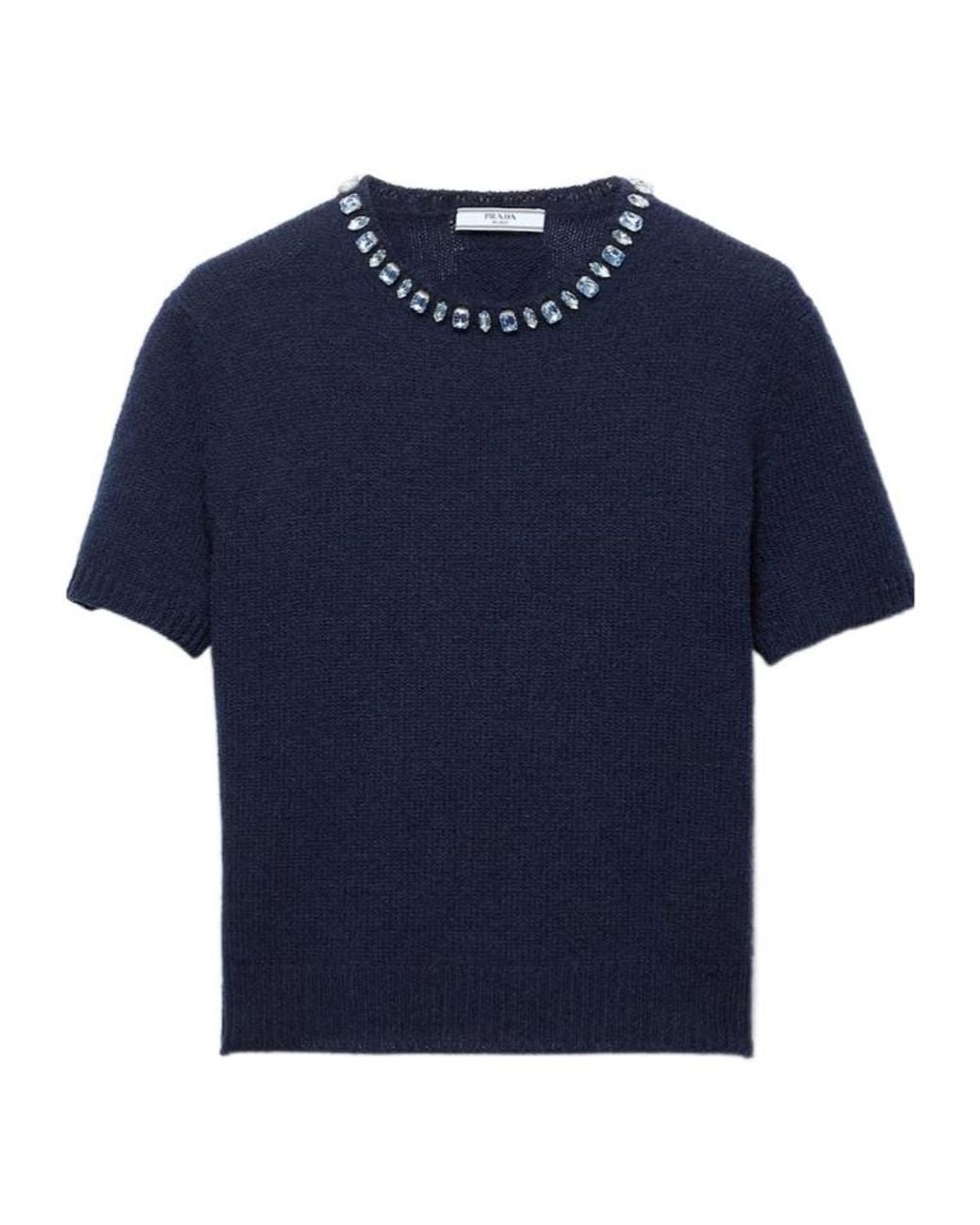 Prada Blue Embellished Short-Sleeved Jumper