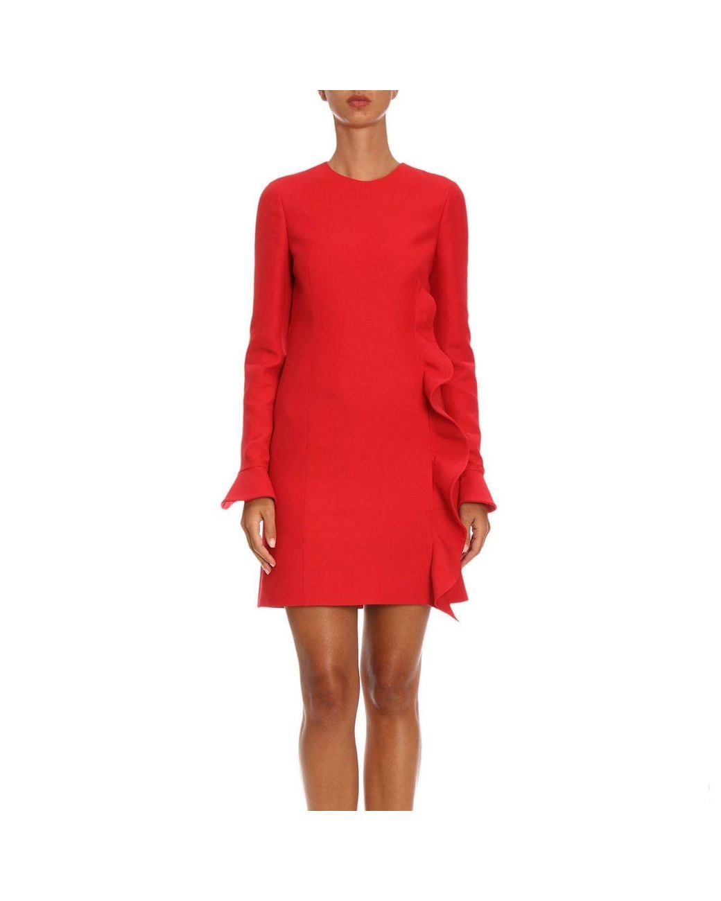 Valentino Red Ruffled Long-Sleeved Dress