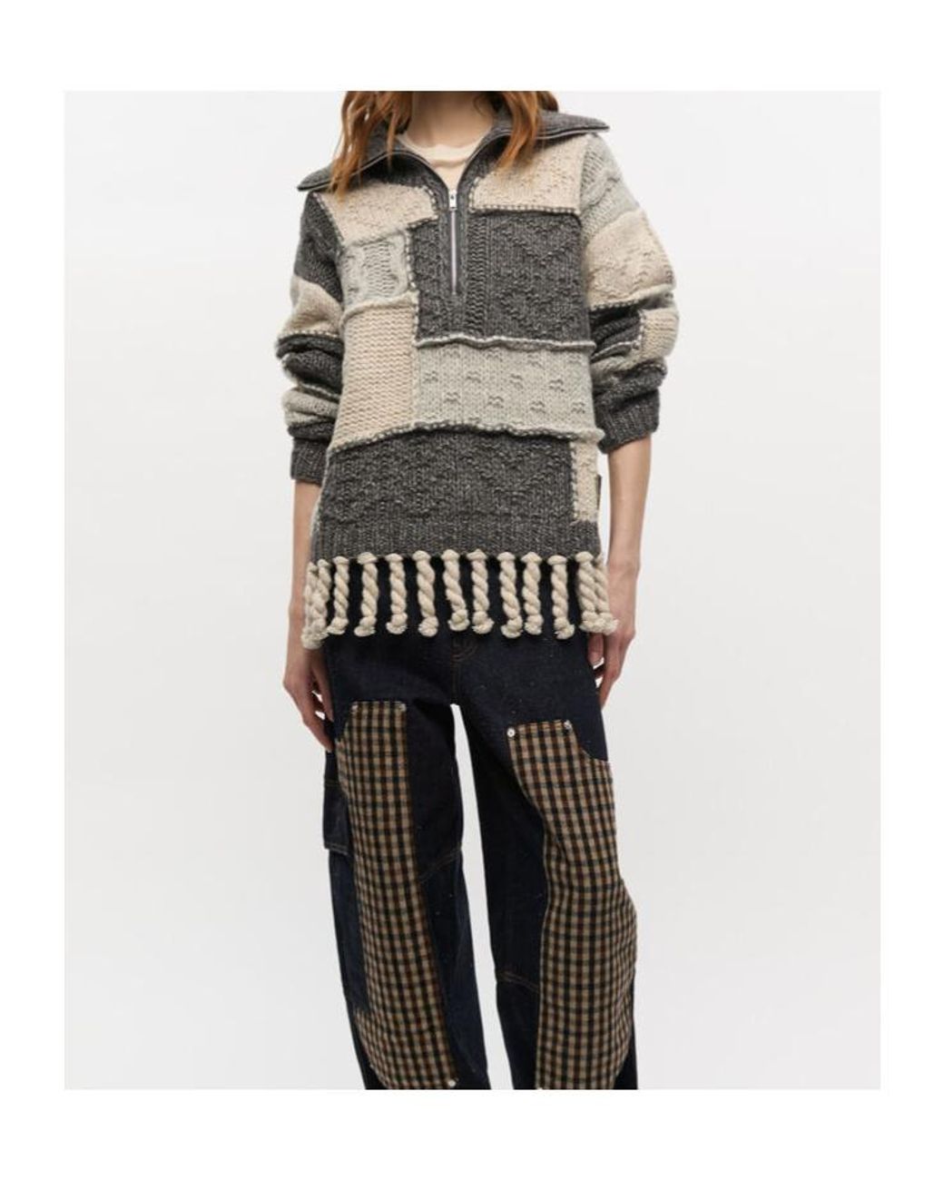 Ganni Gray Patchwork Fringe Jumper