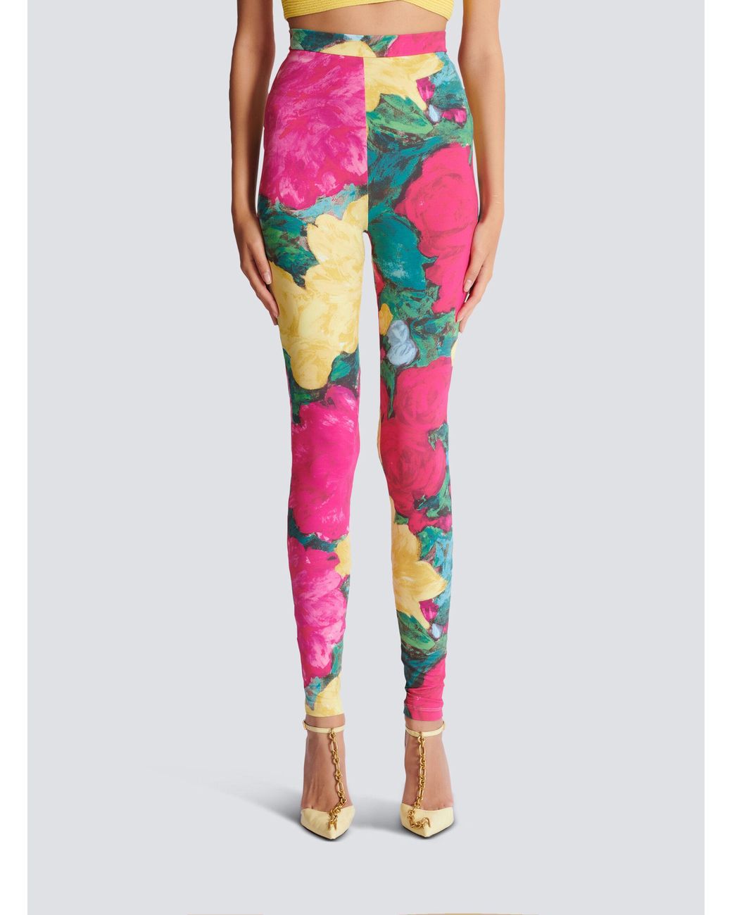 Balmain Pink Jersey Leggings With Roses Print