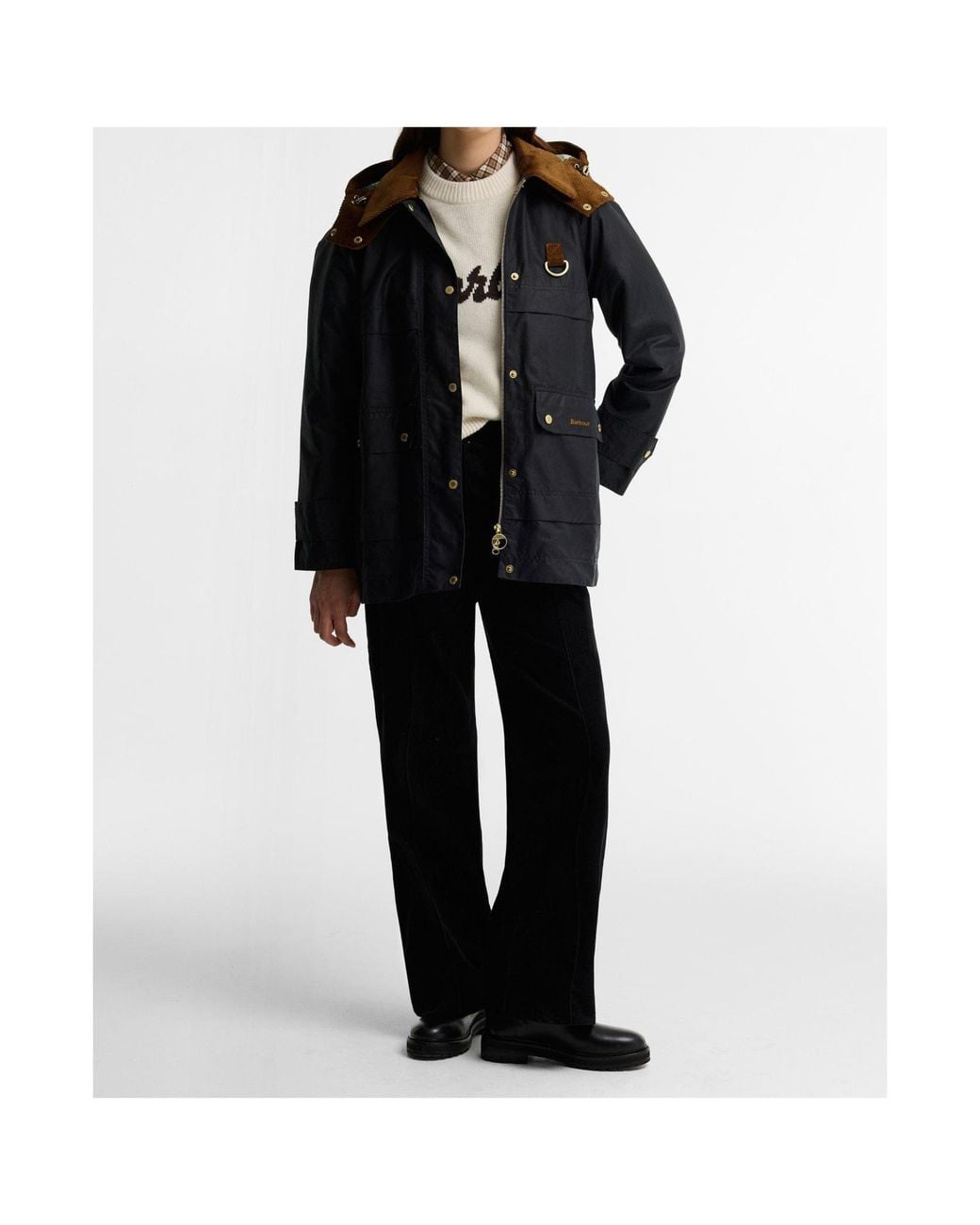 Barbour Black Hooded Cord Collar Waxed Parka